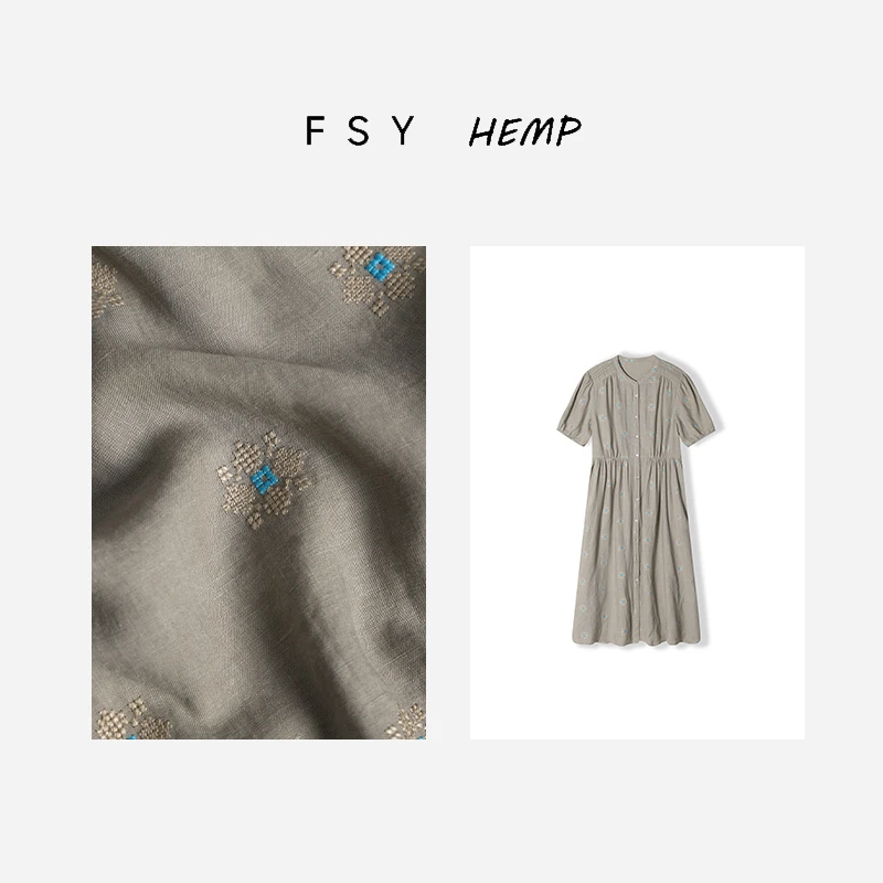 连衣裙【繁花】100%汉麻绣花长裙自然主义女连衣裙FSY50417