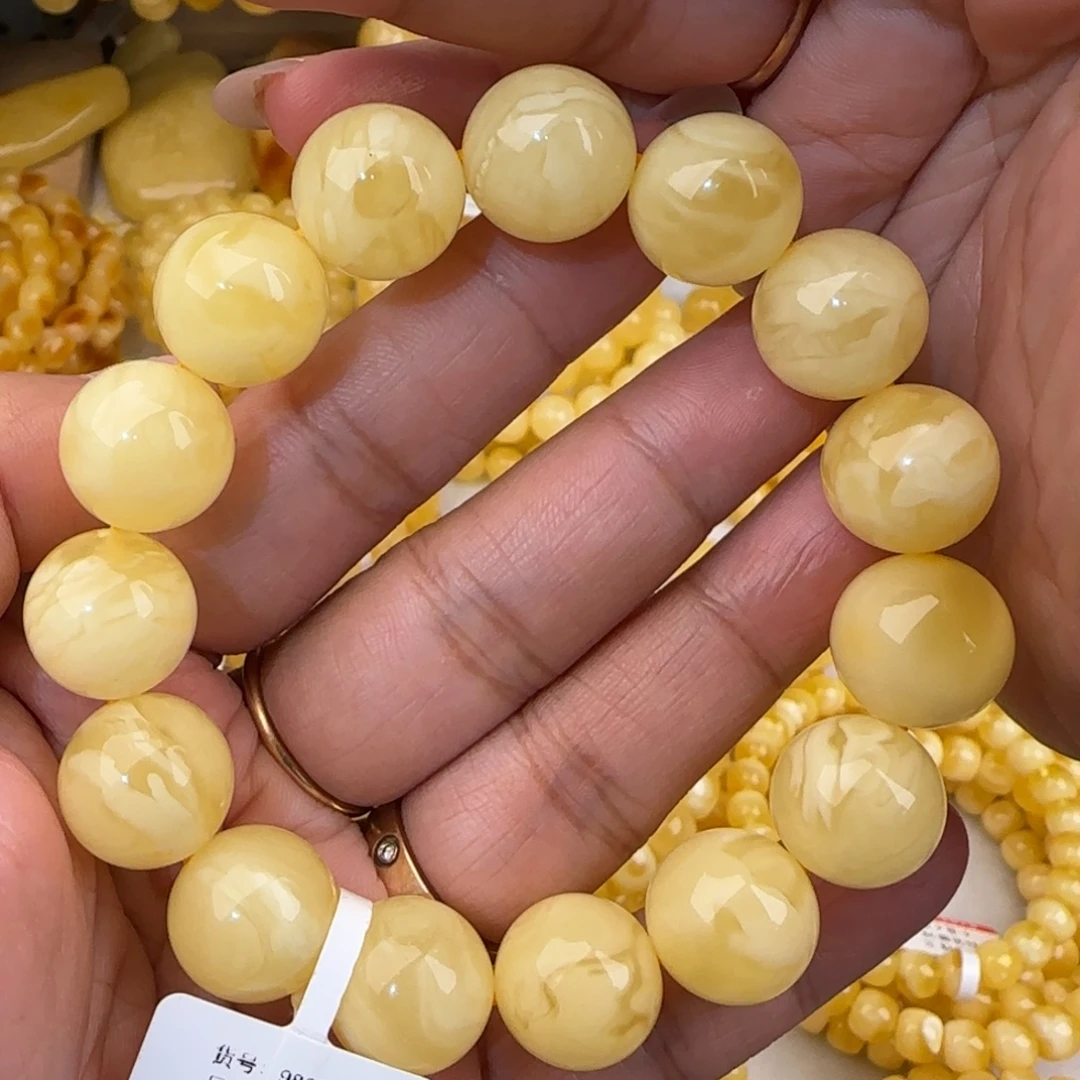 蜜蜡未镶嵌手链白花圆珠手串