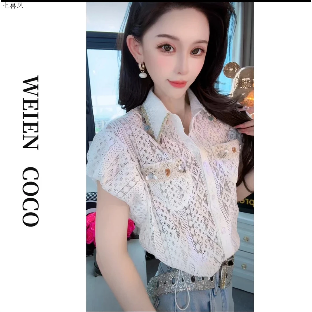 新款时尚宽松围巾领短袖百搭聚酯纤维镂空设计七喜凤中长款