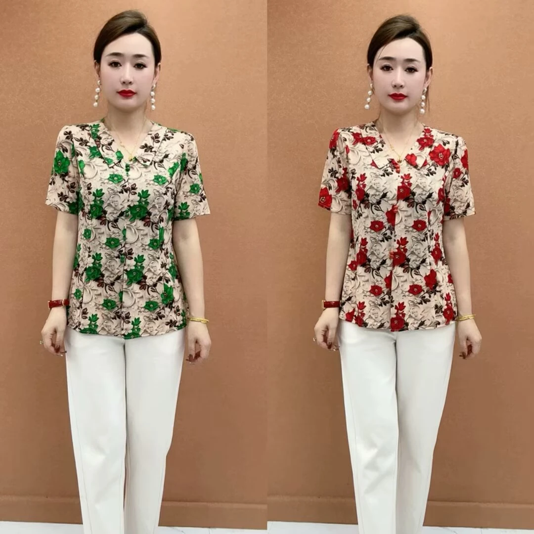 夏季新款气质v领碎花小衫洋气减龄妈妈T恤时尚百搭显瘦短袖上衣女