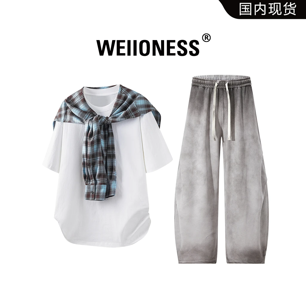 WEIIONESS潮牌格子披肩短袖套装男夏季渐变长裤两件套高级感男装