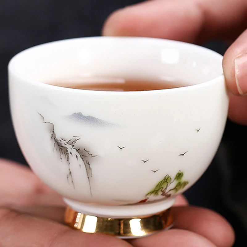 羊脂玉陶瓷茶杯茶盏德化玉白瓷功夫小茶杯高档描金办公会客品茗杯