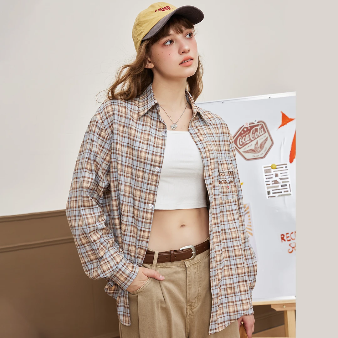 a02【金拐子专属】休闲版型撞色绣花质感格子女式衬衫AEI3S3692
