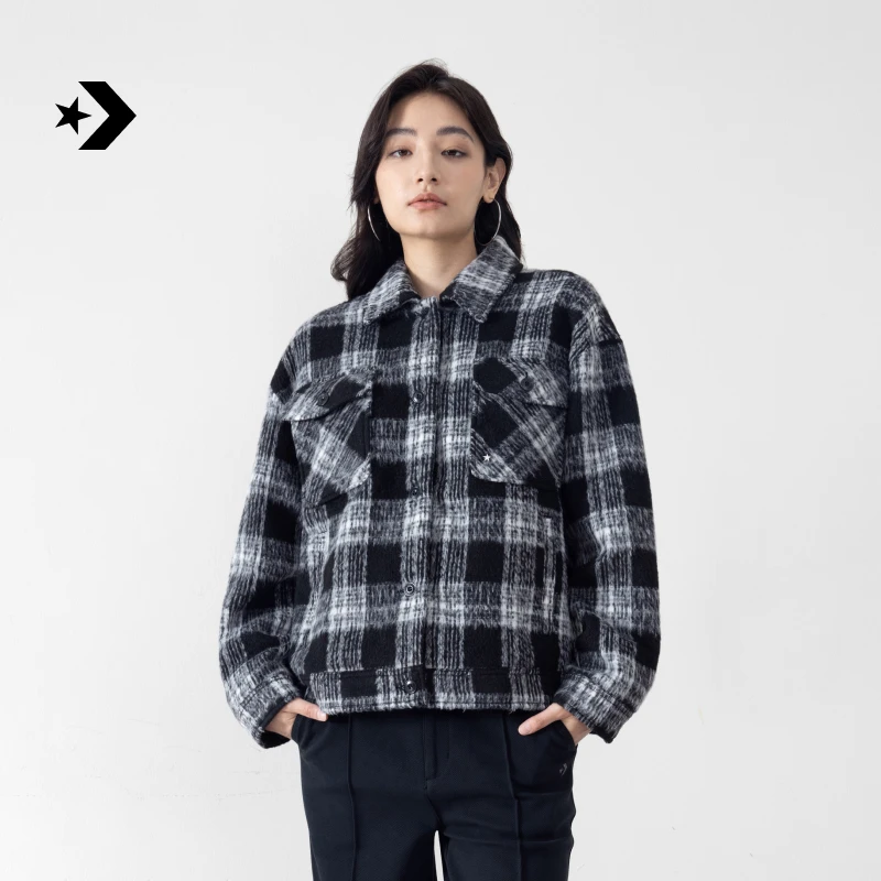 匡威秋冬新品女格纹多口袋翻领夹克外套CONVERSE WCJ113