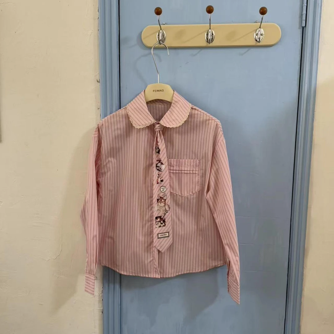 【百利甜】25009 配领带娃娃领学院风条纹长袖衬衫设计感上衣春秋