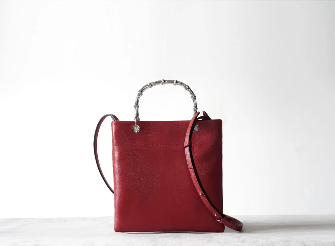 竹节tote红色新款时尚通勤真皮女包