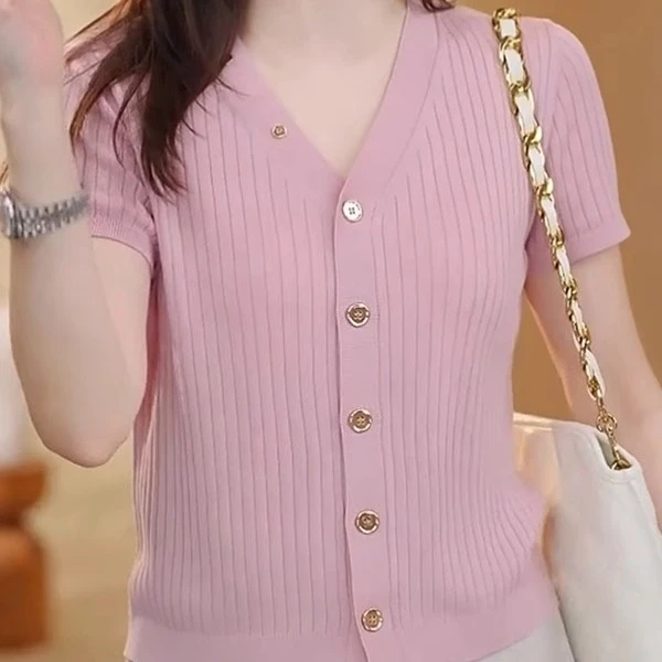 夏季薄洋气减龄宽松遮肉高级感气质上衣冰丝V领短袖t恤针织开衫女