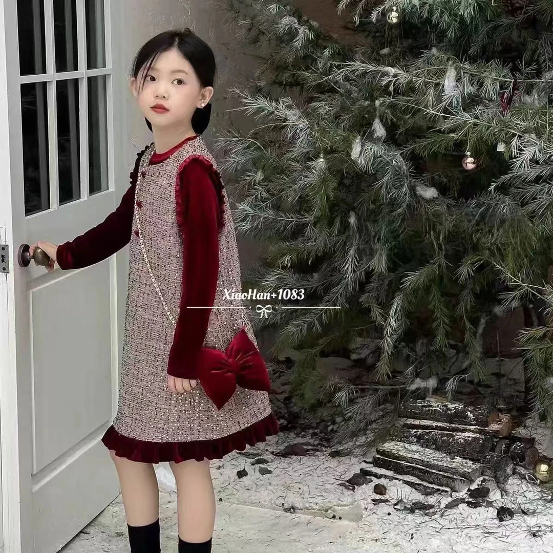 619-女童连衣裙冬季新款红色新年冬装儿童小香风洋气裙子大童女孩