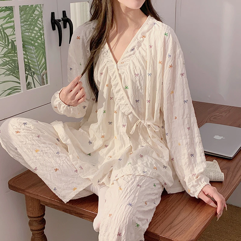 月子服春夏款皱皱棉产后孕妇哺乳睡衣夏季薄款产妇喂奶家居服套装