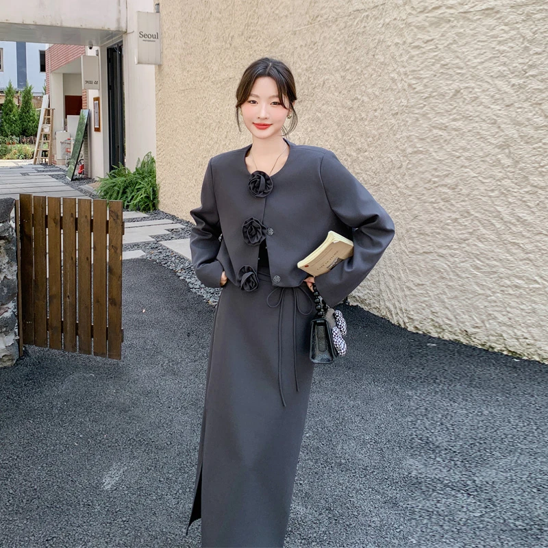 韩系立体花朵西装半身裙2025春秋新款高级感ins风气质通勤风套装