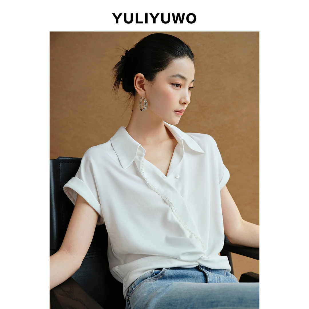 与里与我/夏季纯色V领白色短袖衬衫宽松显瘦扭结上衣通勤257209Y