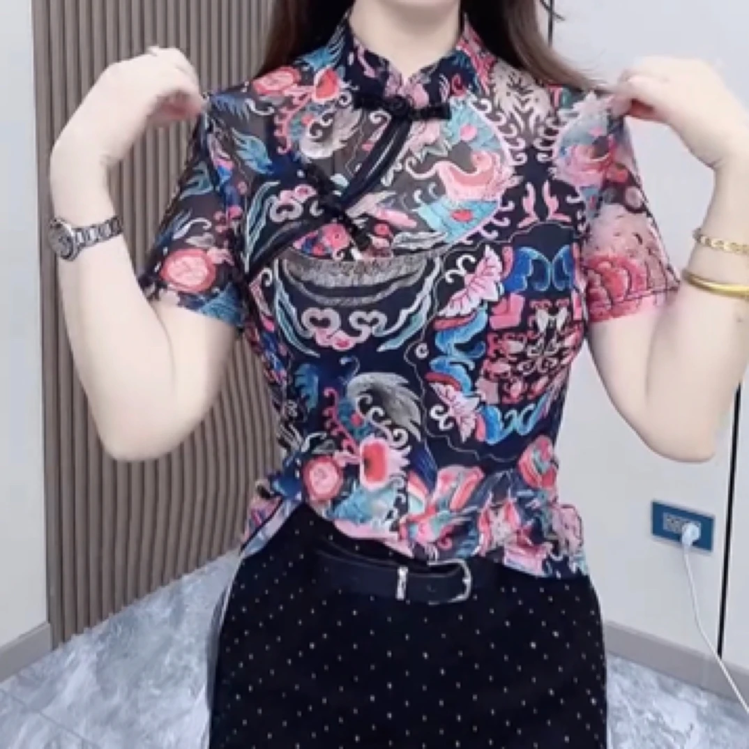 新款国风盘扣蕾丝半袖衫