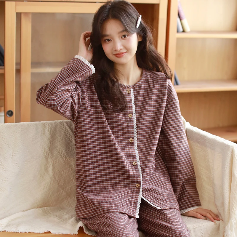 秋冬纯棉女士简约睡衣磨毛宽松裤子带口袋圆领长袖家居套装25978