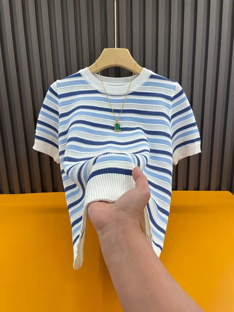 【莱赛尔天丝】新品重工圆领镂空条纹针织短袖女宽松休闲打底衫101