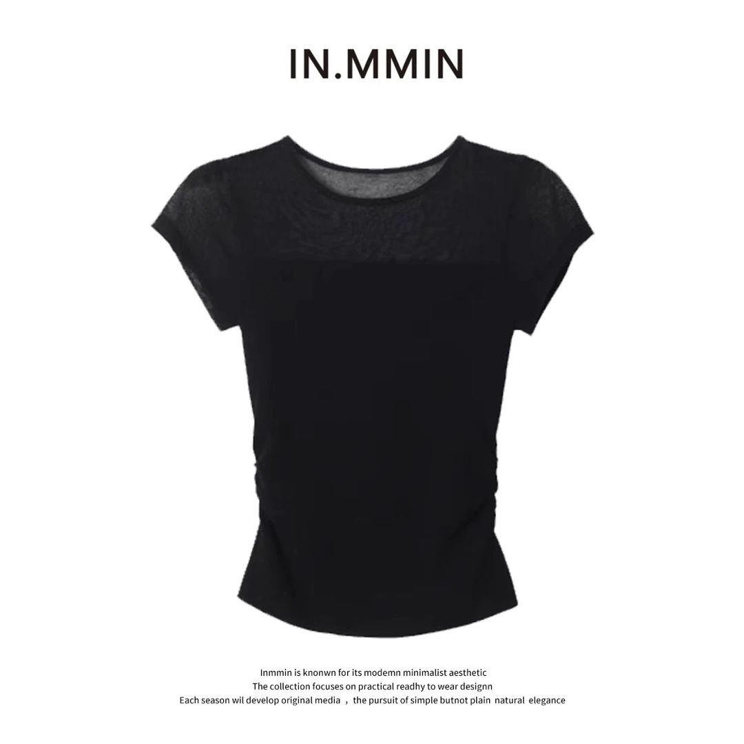 INMMIN05 天丝修身捏褶短袖毛针织透气拼接设计感薄款上衣