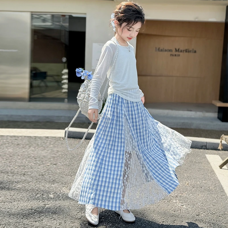 女童韩系穿搭套装2025夏季新款挂脖吊带防晒上衣蕾丝格子裙三件套