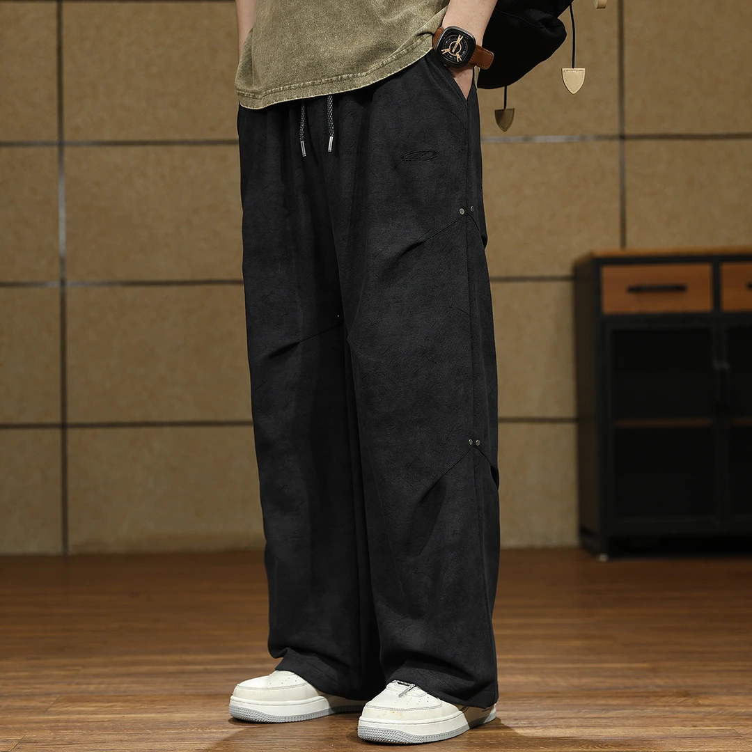 夏季新款重磅脏染休闲裤男宽松直筒伞兵阔腿裤潮流美式复古休闲裤