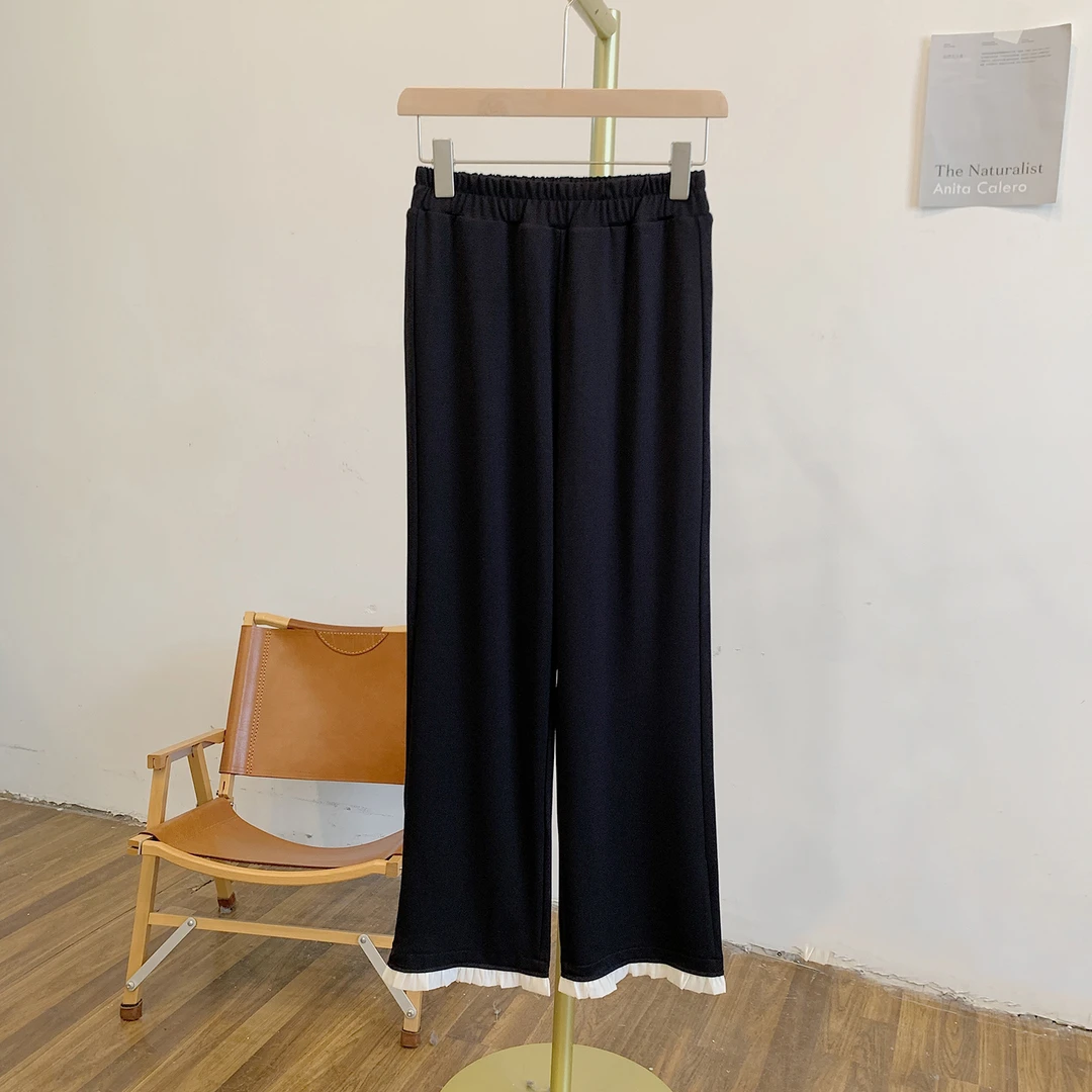 C4254松紧腰脚口拼接纯色休闲裤