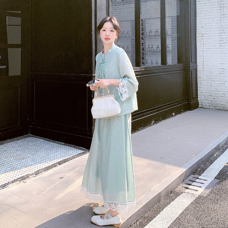 新中式套装裙女2025年春秋新款国风盘扣门襟蕾丝拼接半身裙两件套