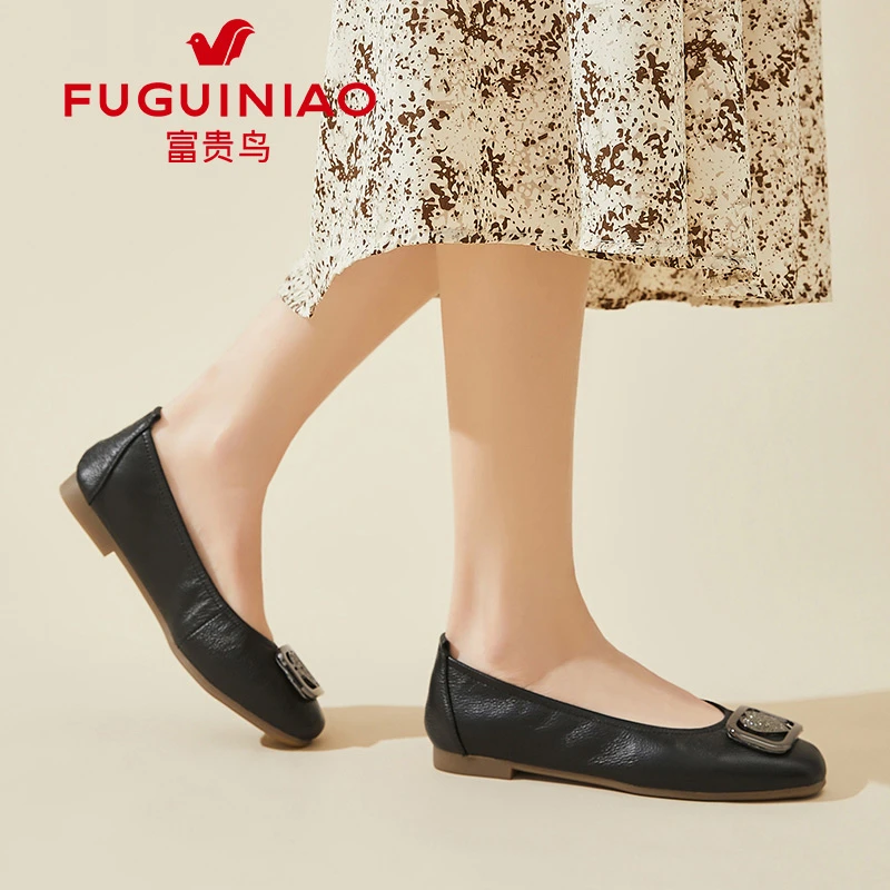 富贵鸟真皮豆豆鞋女2025新款春秋平底一脚蹬单鞋软底中老年妈妈鞋