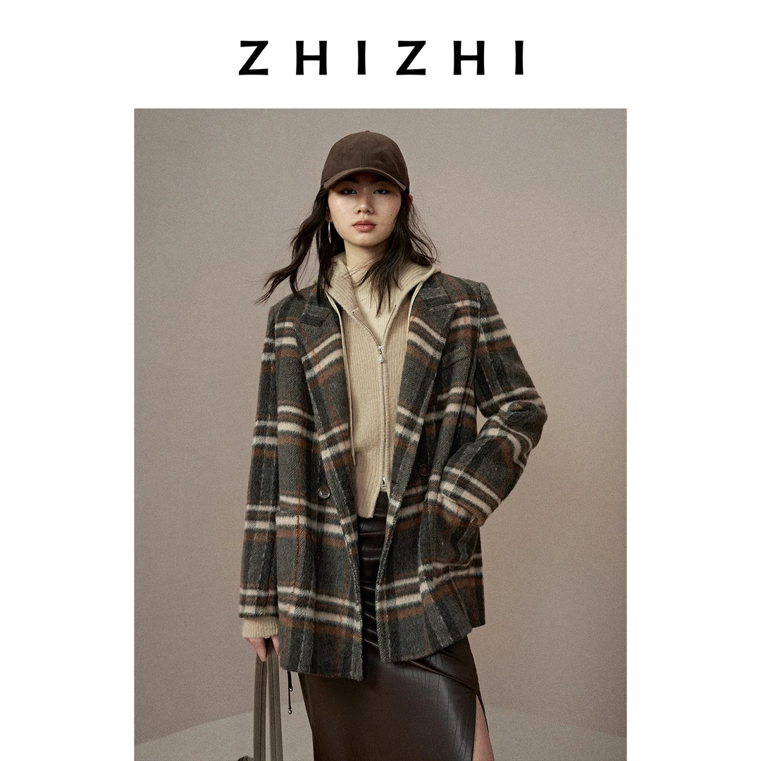 致知 前调 复古大格纹戗驳领经典双排扣毛呢西装25冬ZZ2EWWWQ147