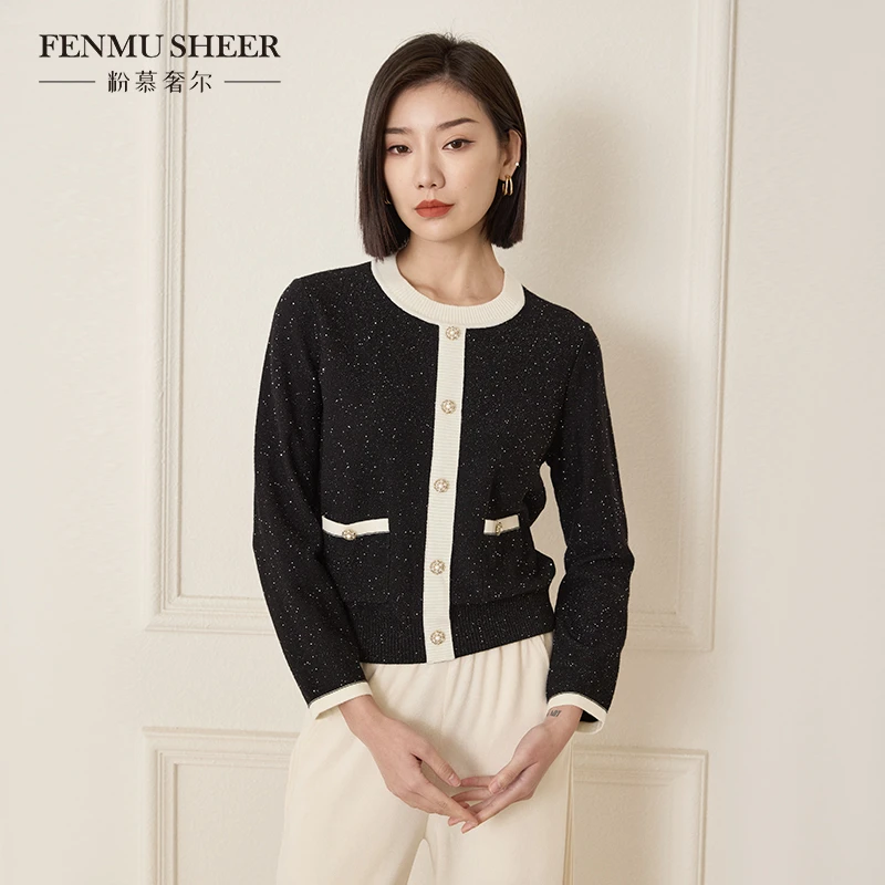 【丽公主专属】粉慕奢尔『微光星辰』羊毛珠片纱圆领香风针织衫-W1790