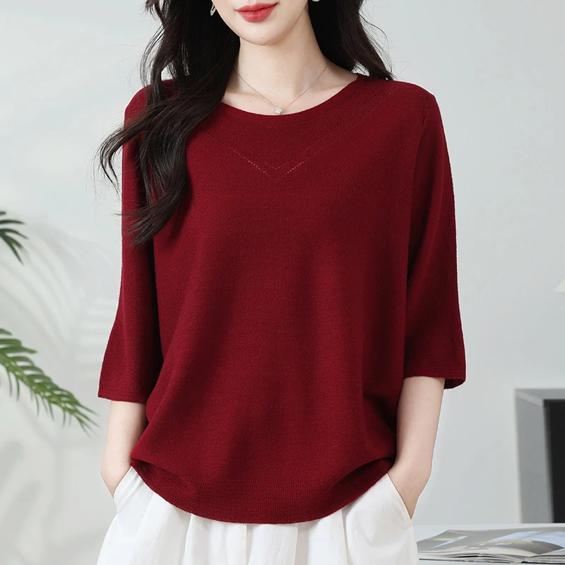 中年妈妈秋装薄款七分袖针织打底衫女宽松显瘦遮肚子上衣春秋小衫