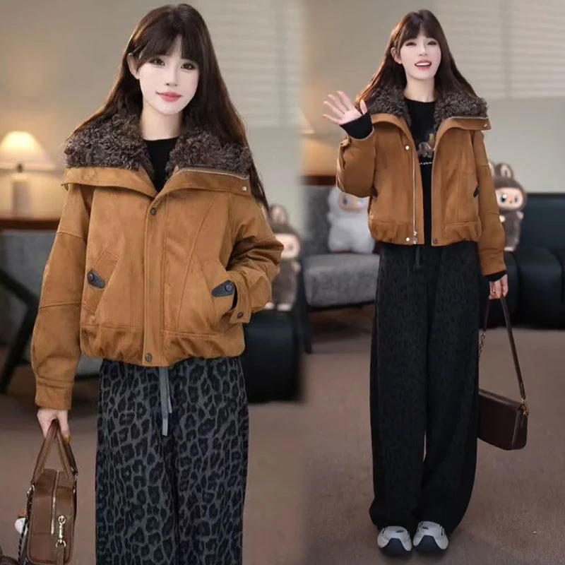 时尚羊羔毛大翻领棉衣外套女2025冬季新款洋气小个子短款保暖棉袄