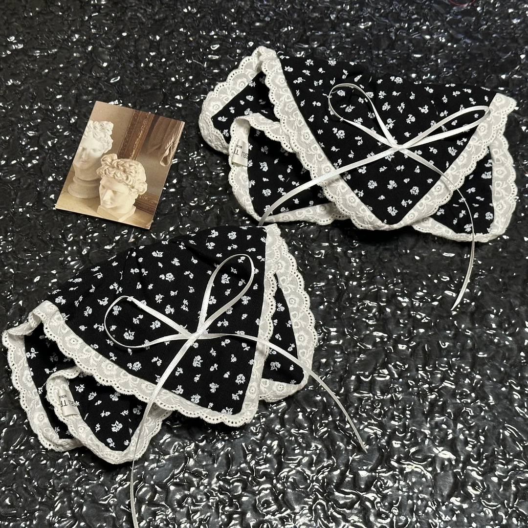 黑碎花方巾头饰气质百搭少女发饰复古法式简约清新