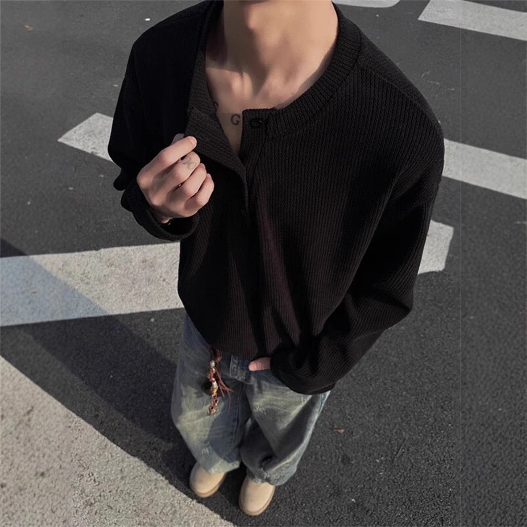 黑色亨利领长袖T恤男春秋季cleanfit美式宽松内搭打底休闲上衣