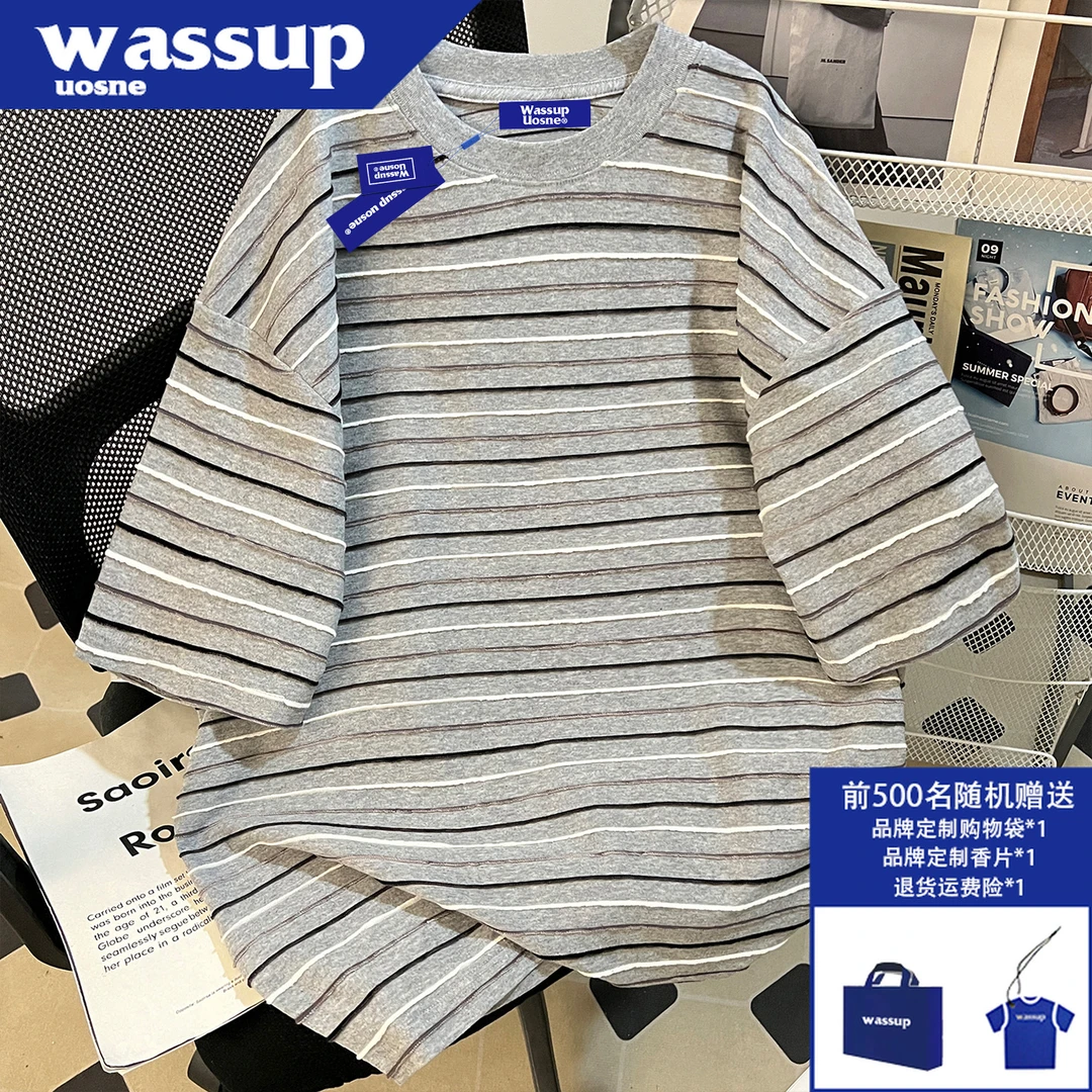 WASSUP UOSNE拼接条纹短袖t恤男夏季美式潮牌设计感重磅圆领体恤