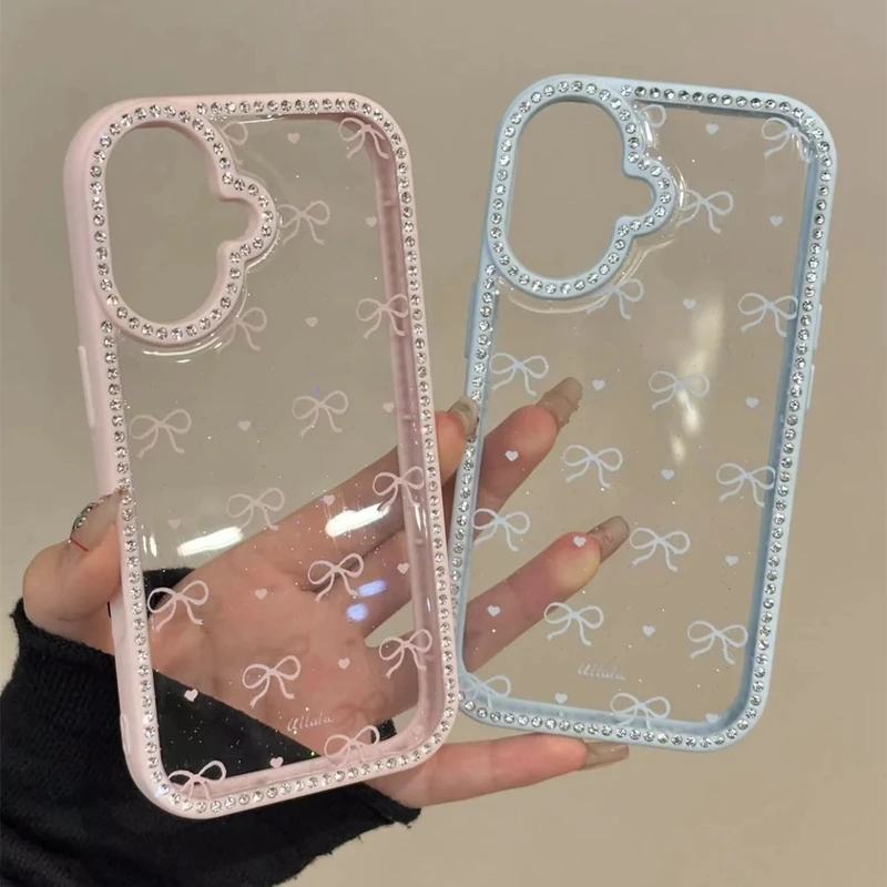 韩系满屏蝴蝶结爱心适用ihone16promax苹果15p手机壳14透明13镶钻