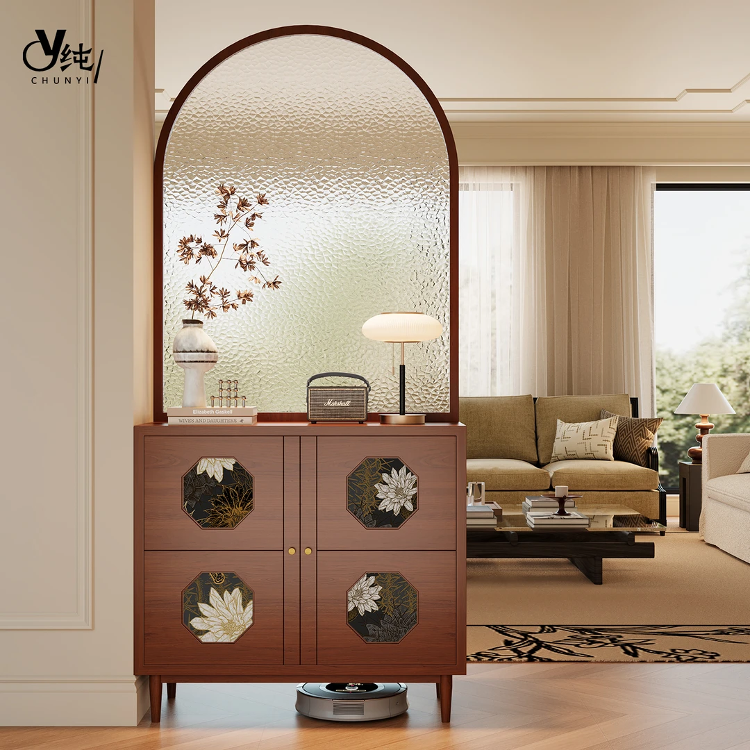 法式复古实木水纹玻璃入户门屏风隔断客厅鞋柜玄关柜一体储物收纳