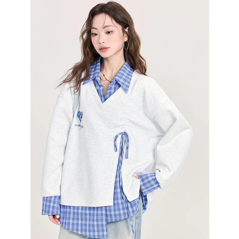 高妍知复古翻领假两件长袖卫衣女春秋季新款学院风设计感上衣