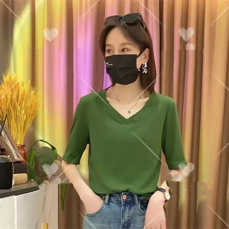 2025年夏季抖音透气弹力V领中袖T恤百搭气质显瘦遮肉多巴胺打底衫