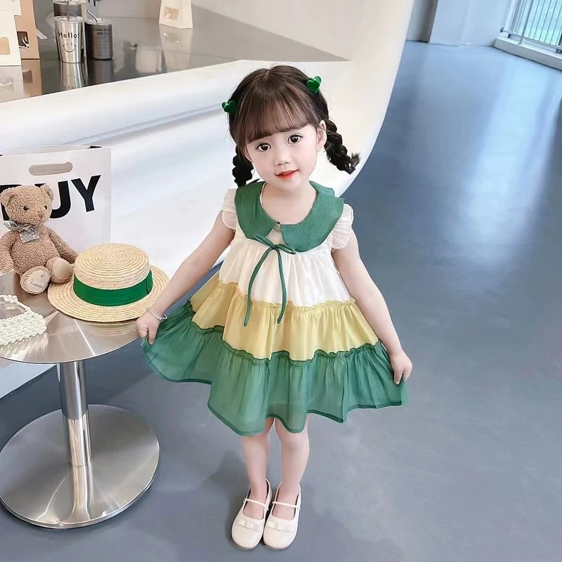 女童连衣裙2024新款夏装儿童宝宝拼色雪纺公主裙夏季洋气甜美裙子