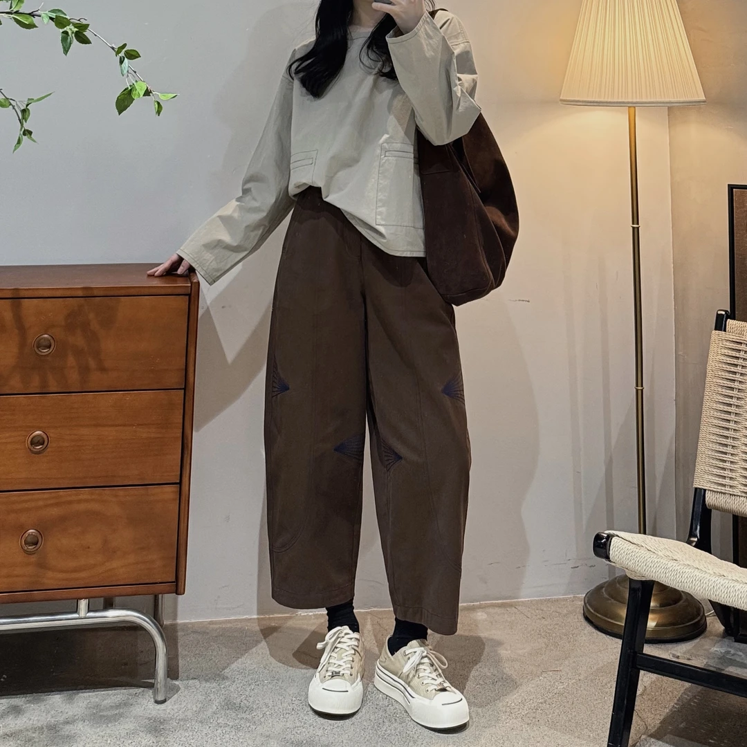 今婷韩版时尚百搭文艺复古设计感撞色刺绣廓形休闲裤女-M25212306