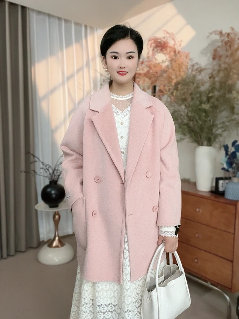 【58012】秋冬新款中长款双面毛呢加厚大衣宽松短款西装领大衣