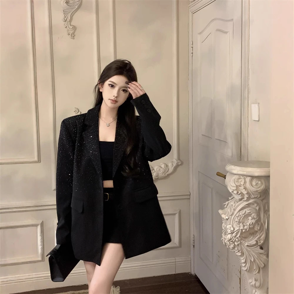 韩版气质休闲高级感宽松亮闪闪烫钻西装外套