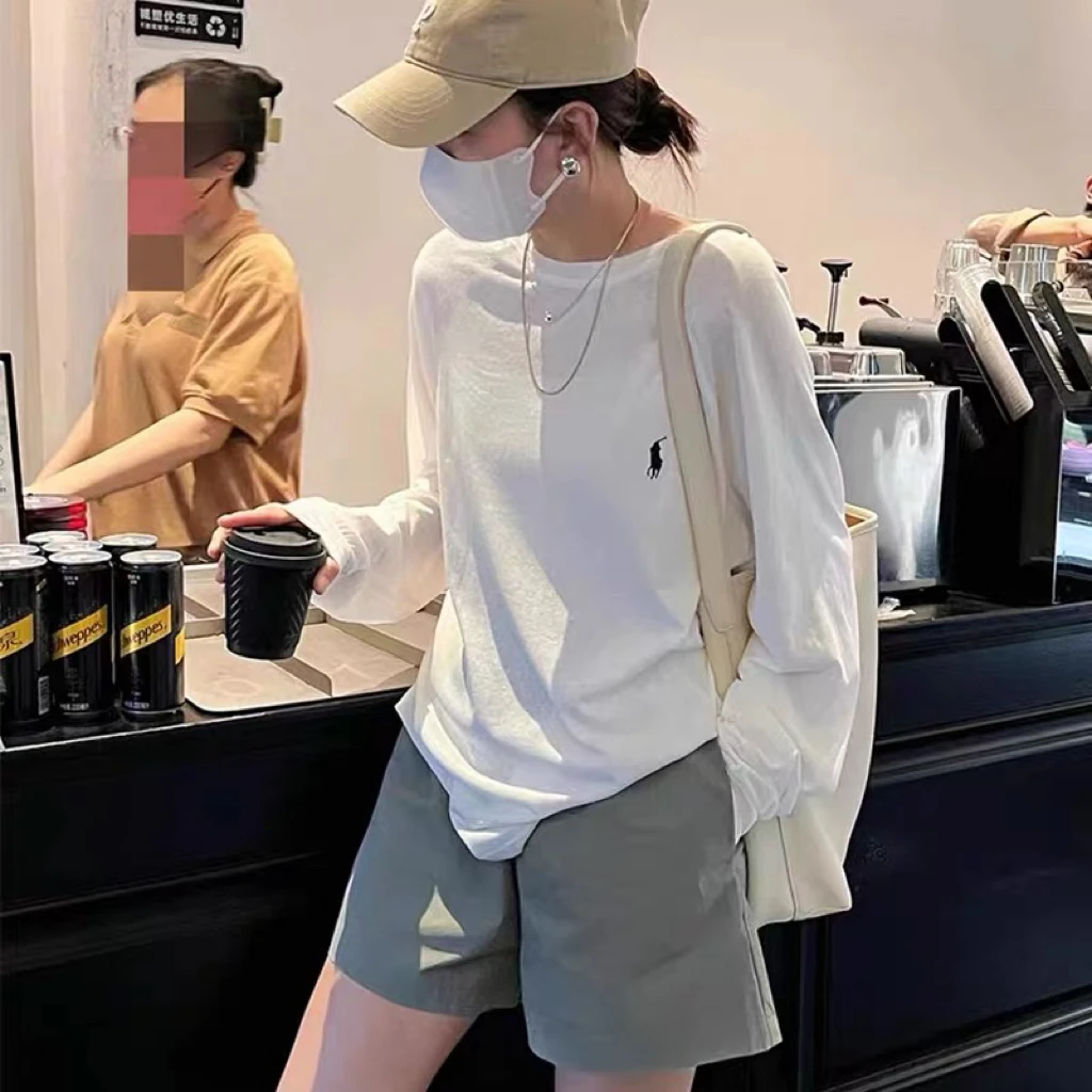 运补6-8/高级感纯棉小马刺绣圆领打底t恤别致秋冬显瘦长袖上衣女