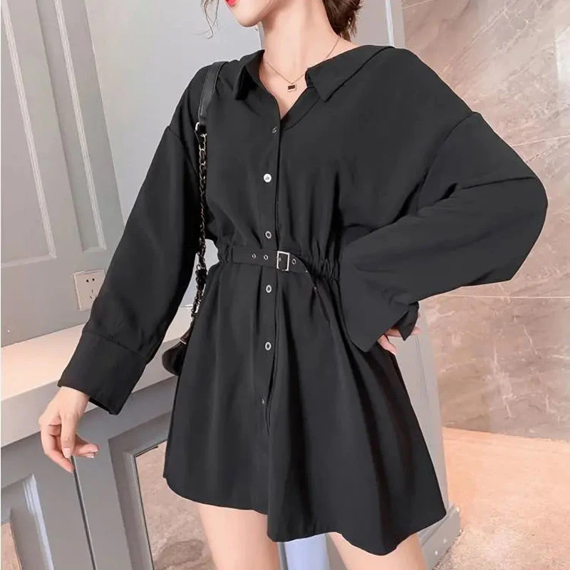 长袖连衣裙韩板秋季衬衫裙赫本风领收腰显瘦小黑裙子大码女装潮