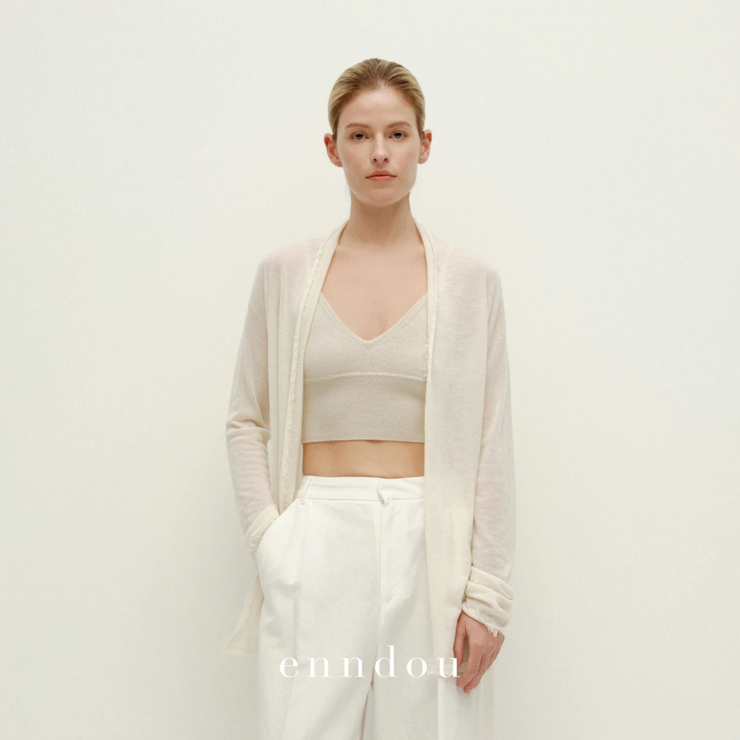 enndou100%水溶羊绒宽松开衫外套女初春搭襟翻领流苏设计中长开衫