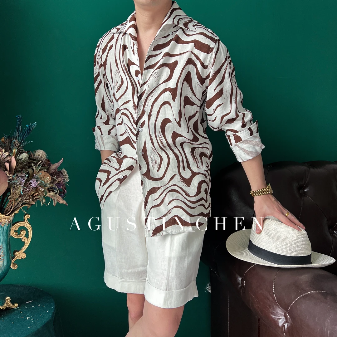 Agustin_Chen 意式那不勒斯一片领【亚麻&人棉】斑马纹男士修身衬衣