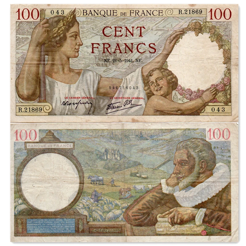 法国100法郎纸币 1941版巴黎圣母院谷物女神水印欧洲老版纸币旧票