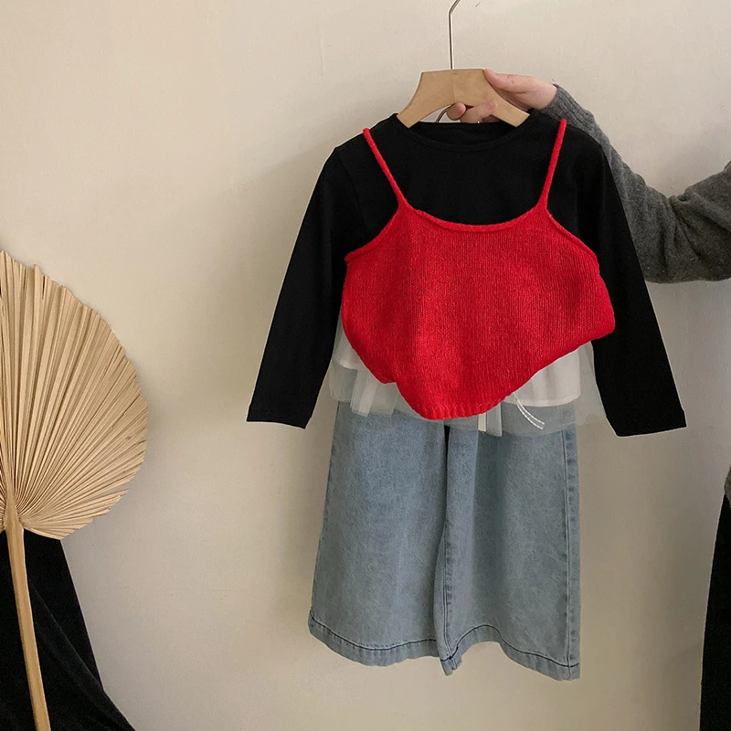 R25042气质套装2025新款长袖黑色T恤针织吊带女童网纱屁帘牛仔裤