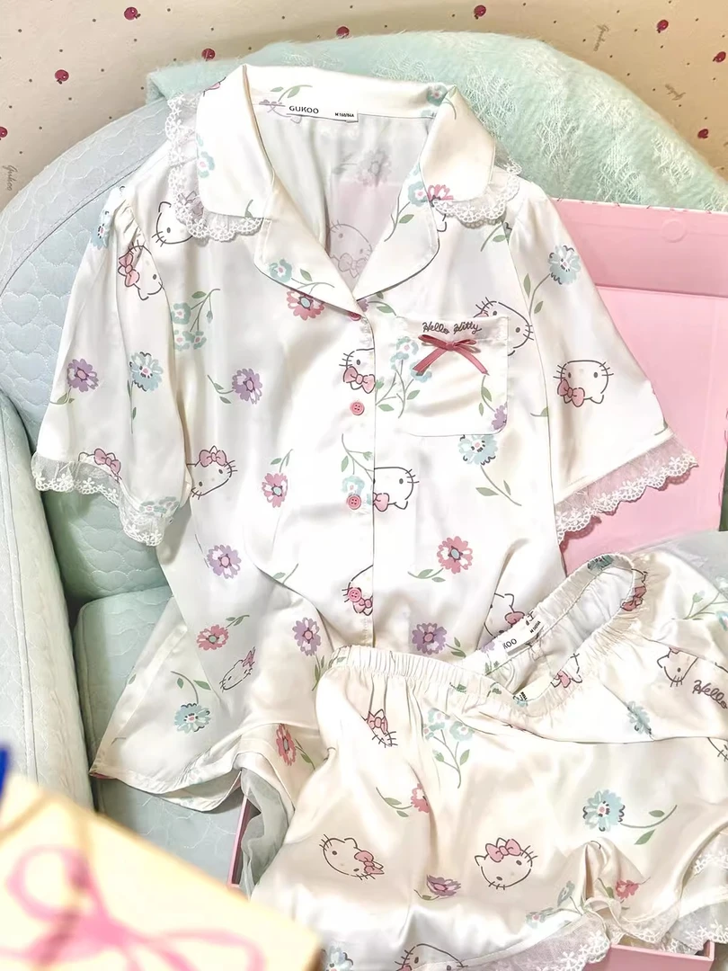 【甜美花边Kitty】冰丝短袖睡衣女2025夏季款短裤可外穿套装家居服