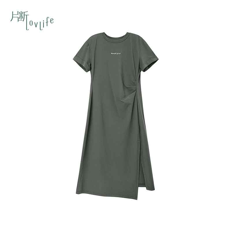片断连衣裙女新款圆领短袖印花小众开衩小个子掐腰漂亮T恤裙