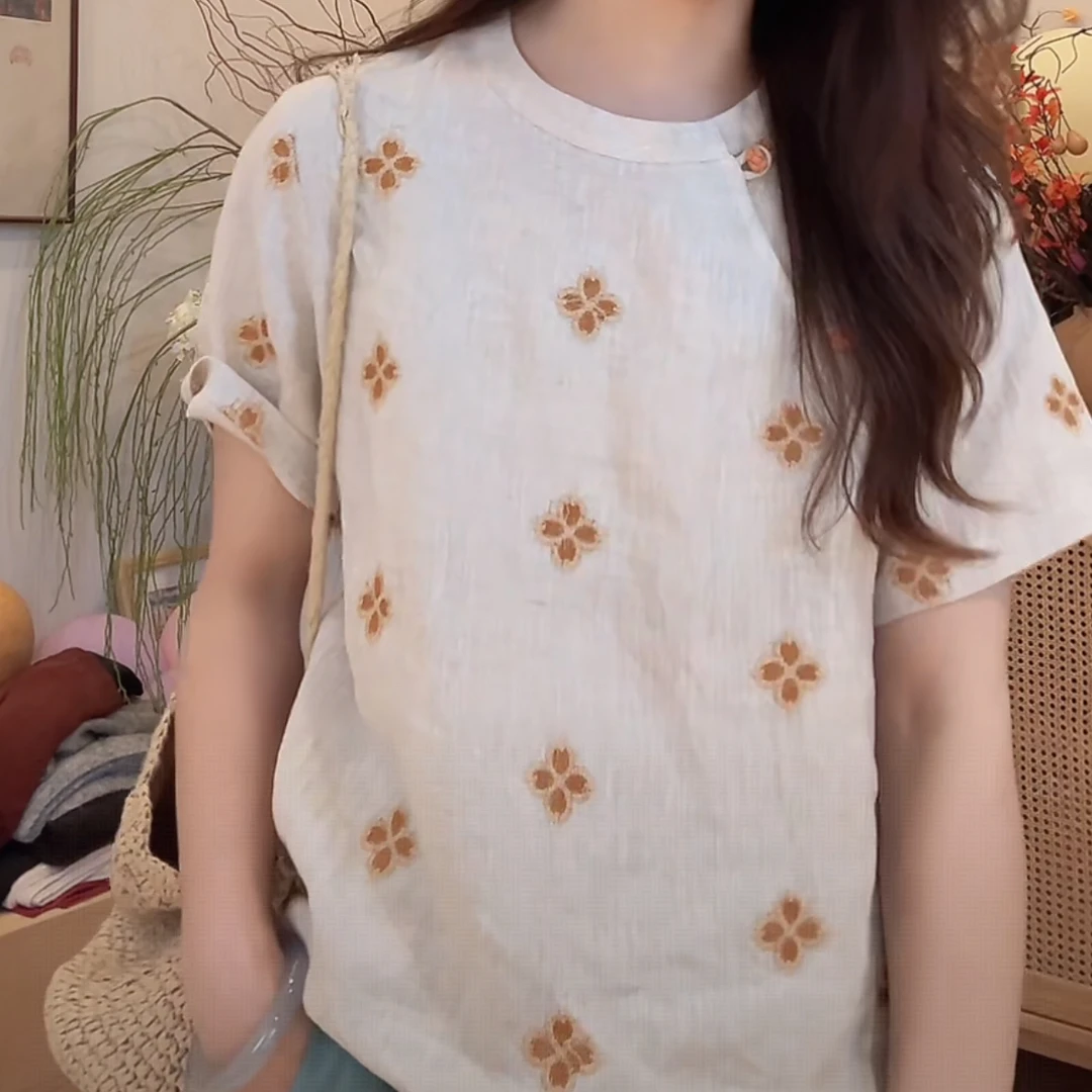 设计感时尚圆领宽松显瘦短袖小衫女2025夏季新款小众减龄通勤上衣