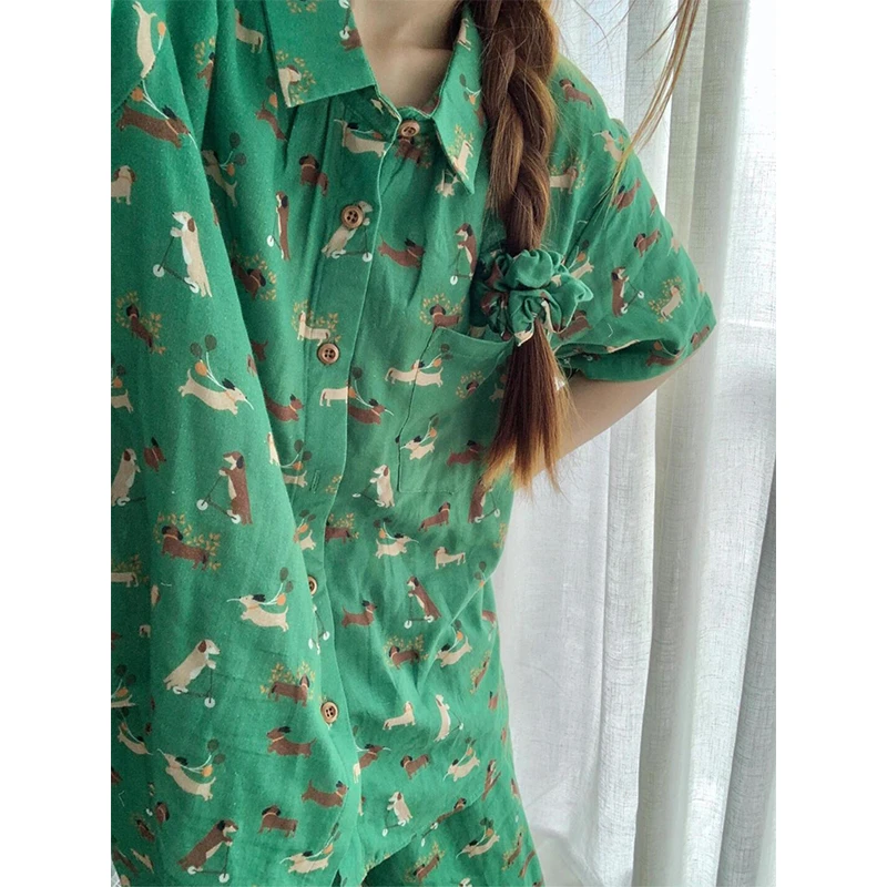 【网红薄荷曼波】少女可爱小狗印花短袖睡衣女夏家居服开衫长裤套装
