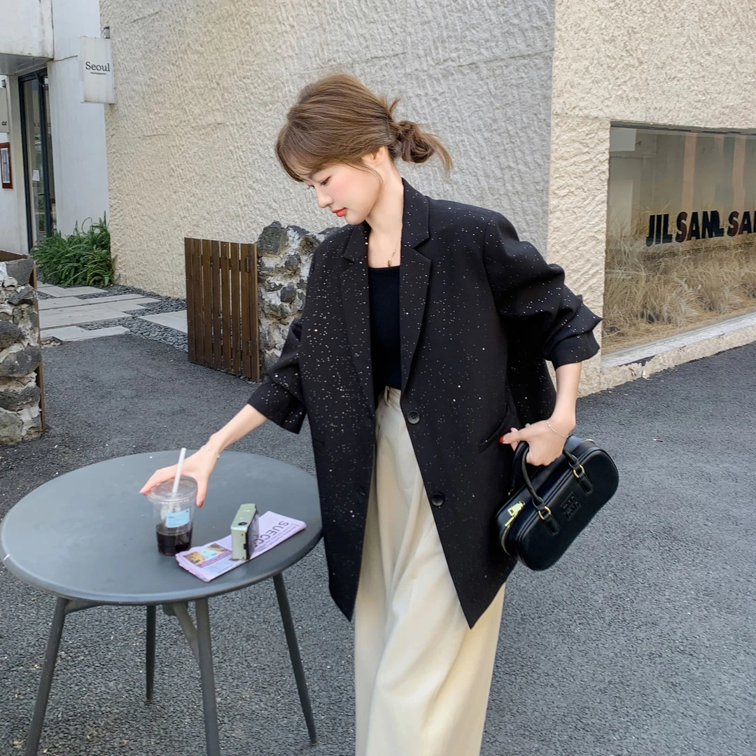亮片时尚轻奢廓形垫肩西装女2025春季新款小众设计感宽松显瘦外套